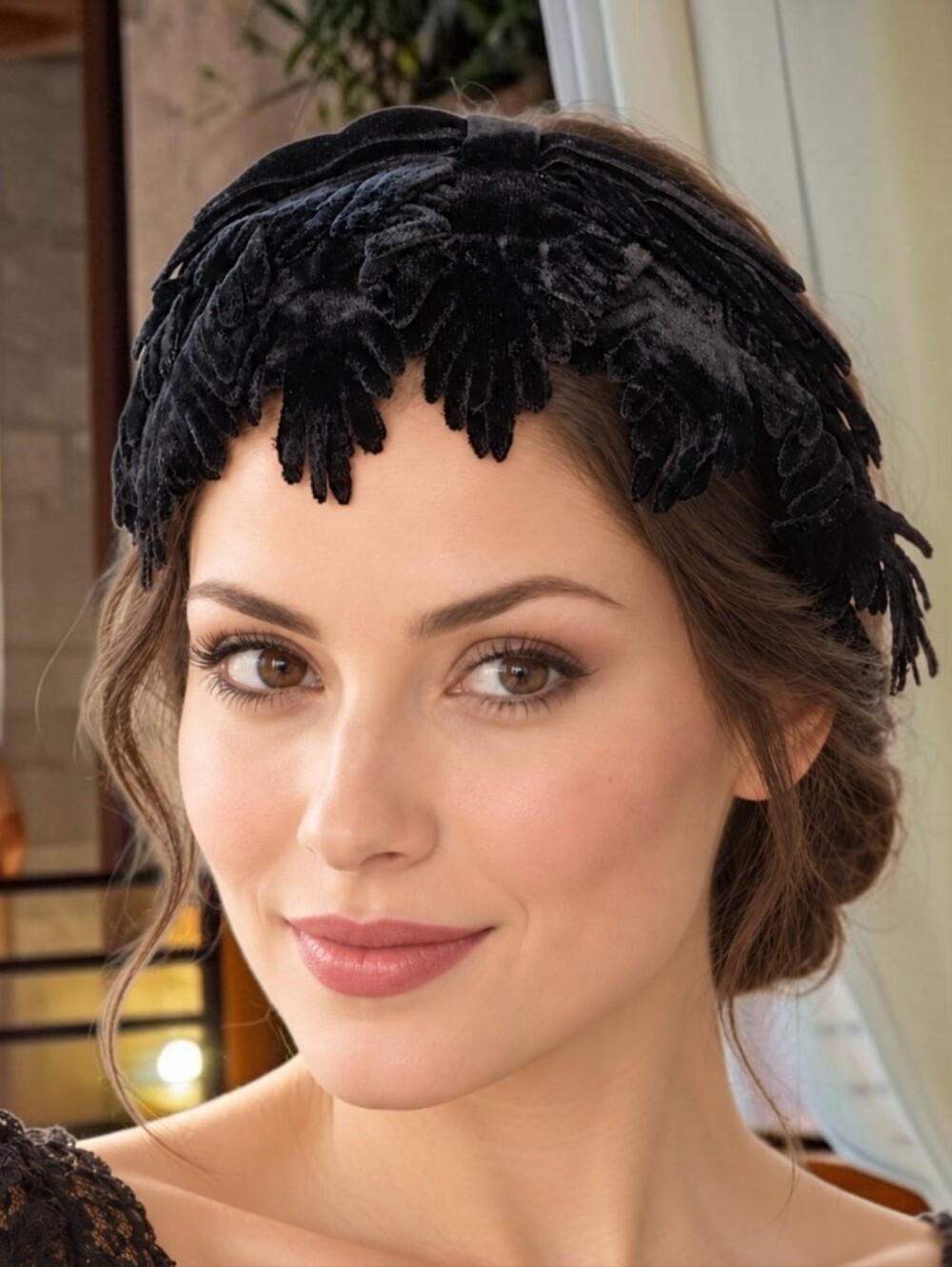 Vtg Black Velvet Leaf Fascinator Headband Bow Cocktail Hat Hairpiece Sculptural